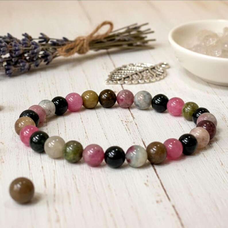 Rainbow Tourmaline Gemstone Bracelet: October Birthstone, 6mm Polished Beads afbeelding 5