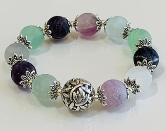 Frosted Fluorite Gemstone Bracelet - Stretch Bracelet, 12mm Frosted Fluorite Beads, Fluorite Crystal Healing Bracelet, Gift for Her