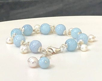 Aquamarine Gemstone Bracelet -Freshwater Pearls, Sterling Silver, 10mm Natural Aquamarine Beads, March Birthstone Bracelet, Gift for Her