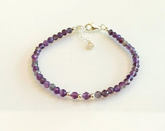 Dainty Amethyst Gemstone Bracelet - 4mm Dainty Facetted Amethyst Crystal Beads, February Birthstone Bracelet, Sterling Silver, Gift for Her