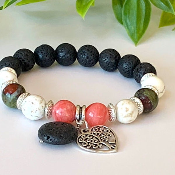 Gemstone Bracelet - Stretch Bracelet, Bloodstone, Rhodochrosite, Howlite & Black Lava, 10mm Beads, Protection Bracelet, Charm Bracelet