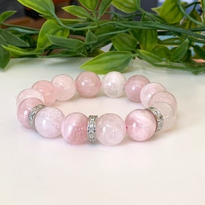 Bracelet quartz rose Grosses perles de quartz rose de 14 mm fabriquées avec un cordon extensible rose de haute qualité, espaceurs en zircone cubique, amour et harmonie image 3