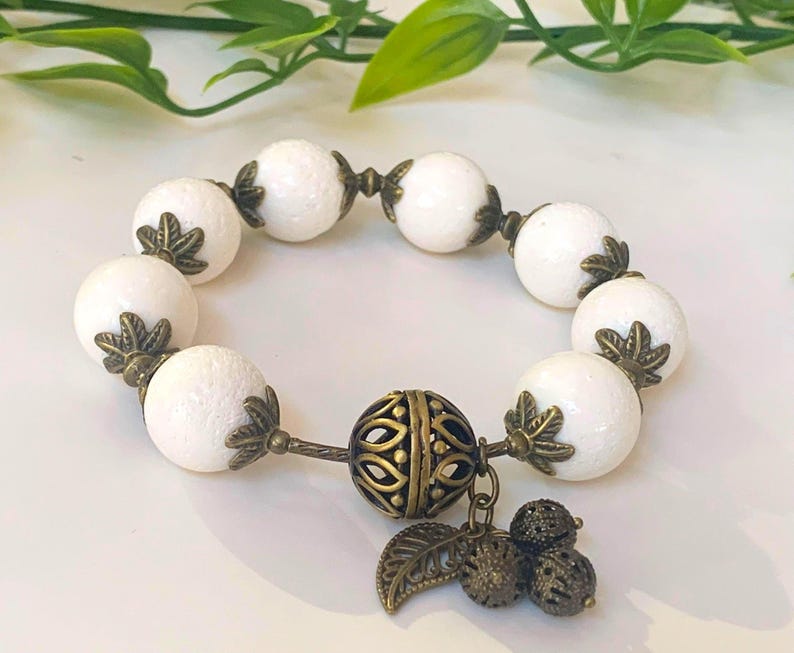 White Fossil Coral Bracelet: Antique Bronze Accents, Large 16mm Beads, Statement Jewelry imagen 7