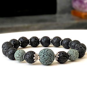Lava Stone Bracelet - Black & Gray Volcanic Rock with Hematite Stretch Bracelet - Oil Diffusion Jewelry