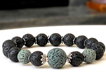Natural Lava Stone Stretch Bracelet Handmade with Black & Gray Volcanic Rock and Hematite Spacers