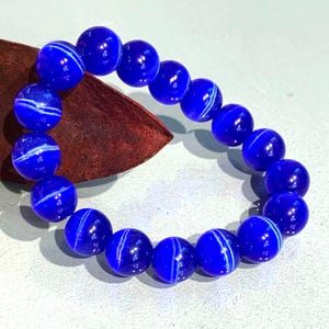 Blue Cat’s Eye Bracelet, Premium Grade Stretch Bracelet, 9.5mm or 11.5mm High-Quality Fiber Optic Glass Cat&#39;s Eye Beads