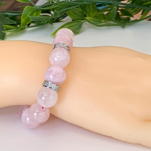 Bracelet quartz rose Grosses perles de quartz rose de 14 mm fabriquées avec un cordon extensible rose de haute qualité, espaceurs en zircone cubique, amour et harmonie image 5