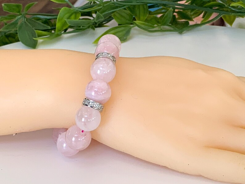 Bracelet quartz rose Grosses perles de quartz rose de 14 mm fabriquées avec un cordon extensible rose de haute qualité, espaceurs en zircone cubique, amour et harmonie image 5