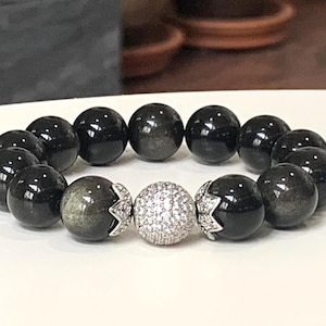 Black Obsidian Bracelet: AAA Grade Gemstone with Cubic Zirconia