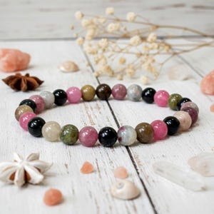 Rainbow Tourmaline Gemstone Bracelet: October Birthstone, 6mm Polished Beads