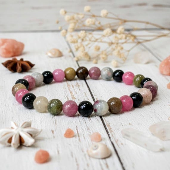 Rainbow Tourmaline Gemstone Bracelet: October Birthstone, 6mm Polished Beads