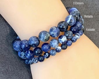Natural Blue Sodalite Gemstone Bracelet: Stretch Bracelet, Grade A+, Choose Your Bead Size