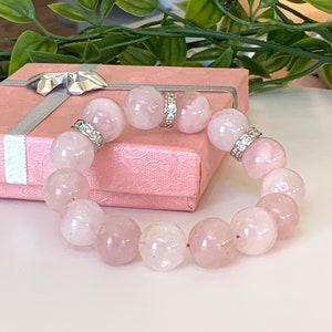 Bracelet quartz rose Grosses perles de quartz rose de 14 mm fabriquées avec un cordon extensible rose de haute qualité, espaceurs en zircone cubique, amour et harmonie image 7
