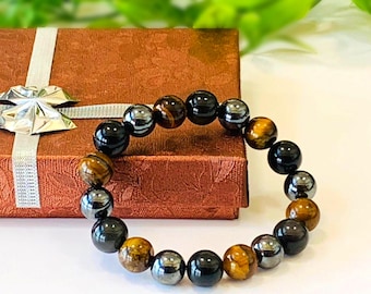 Men's Triple Protection Gemstone Stretch Bracelet: Tiger's Eye, Hematite & Obsidian - Grounding