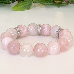 Bracelet quartz rose Grosses perles de quartz rose de 14 mm fabriquées avec un cordon extensible rose de haute qualité, espaceurs en zircone cubique, amour et harmonie image 4