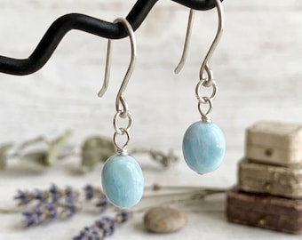 Larimar Earrings, 925 Sterling Silver, Genuine Dominican Gemstone Earrings, Handcrafted Jewelry