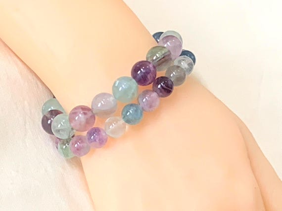 Rainbow Fluorite Gemstone Bracelet: Grade AA+ Crystal Beads Stretch Bracelet