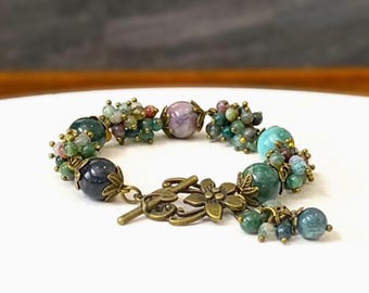 Natural Indian Agate Gemstone Statement Bracelet with Bronze Color Accents - Elegant Jewelry Gift