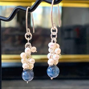Blue Kyanite & Freshwater Pearl Dangle Earrings with Hand-Hammered Sterling Silver - 2-Inch Drop, Gift for Her, Statement Earrings