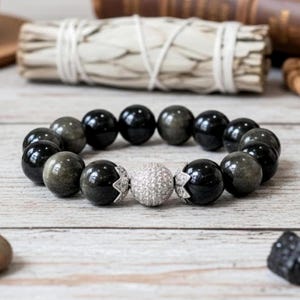Black Obsidian Bracelet: AAA Grade Gemstone with Cubic Zirconia, Stretch Bracelet