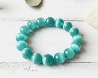 Turquoise Cat's Eye Bracelet 9.5mm Grade AAA Fiber Optic Glass Beads Protection Stretch Bracelet