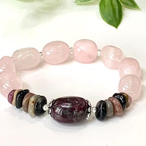 Tourmaline & Rose Quartz Bracelet: Sterling Silver Gemstone Stretch Bracelet