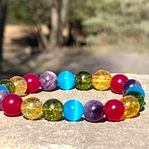 Rainbow Gemstone Bracelet: Natural Amethyst, Citrine, Jade & Cat&#39;s Eye, Stretch Bracelet