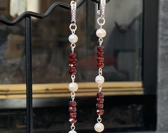Handmade Freshwater Pearl & Red Garnet Dangle Gemstone Sterling Silver Earrings January Birthstone Gift