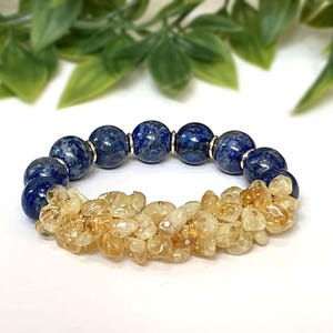 Natural Lapis Lazuli & Citrine Bracelet, Premium Grade Stretch Gemstone Bracelet, September Birthstone. November Birthstone