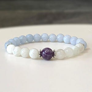 Aquamarine Moonstone Amethyst Gemstone Bracelet - Stretch Bracelet - Tranquil Harmony