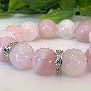 Bracelet quartz rose Grosses perles de quartz rose de 14 mm fabriquées avec un cordon extensible rose de haute qualité, espaceurs en zircone cubique, amour et harmonie image 6
