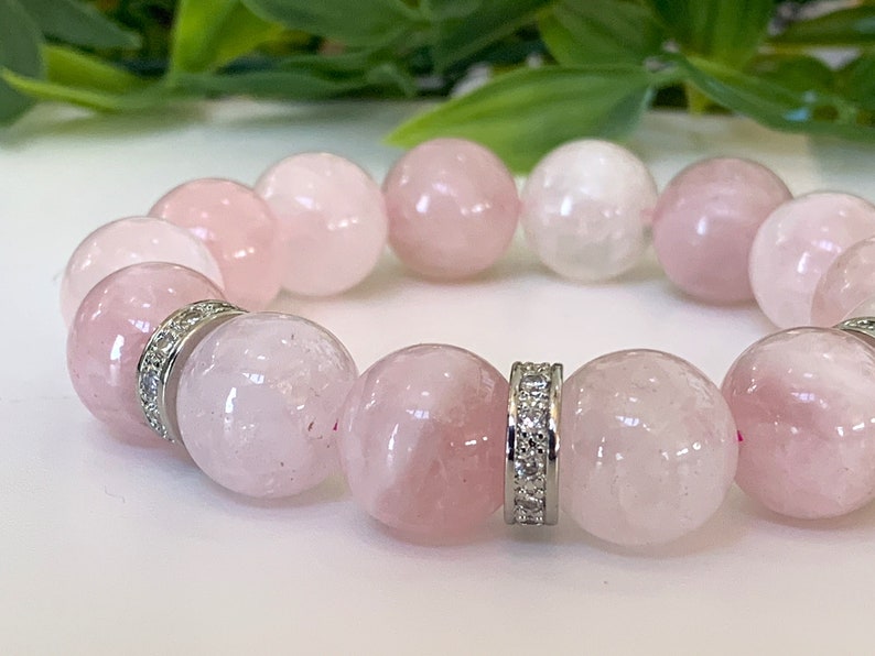 Bracelet quartz rose Grosses perles de quartz rose de 14 mm fabriquées avec un cordon extensible rose de haute qualité, espaceurs en zircone cubique, amour et harmonie image 6