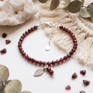 Garnet Bracelet, Dainty 3.5mm Faceted Gemstones, 925 Sterling Silver, Leaf Charm Natural Gemstone Jewelry
