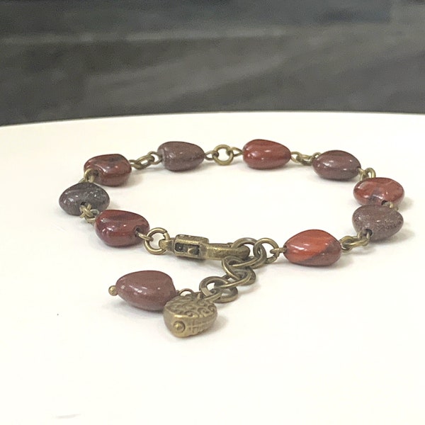 Red Jasper Gemstone Bracelet - 10mm Natural Red Jasper Heart Shaped Gemstones, Antique Bronze-Color Brass, Gift for Her, Gift for Him
