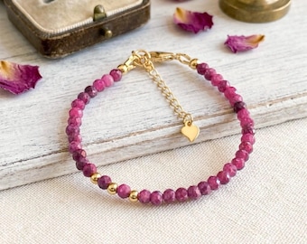 4mm Dainty Ruby Gemstone Bracelet 24K Gold-Plated or Sterling Silver, July Birthstone