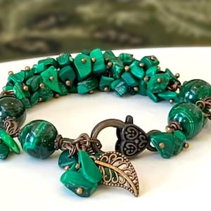 Genuine Malachite Bracelet, Premium Grade Gemstone Bracelet, 10mm or 12mm Grade AAA Round Malachite Gemstones, Bronze-Color Brass