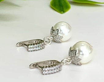 Classic Shell Pearl Earrings - Mother of Pearl, 12mm Natural Shell Pearls, Platinum-Plated, CZ Crystals, Gift for Her, Birthday Gift