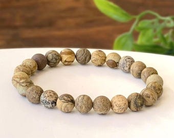 Matte Picture Jasper Gemstone Stretch Bracelet Handmade with Natural Gemstones - Custom Size