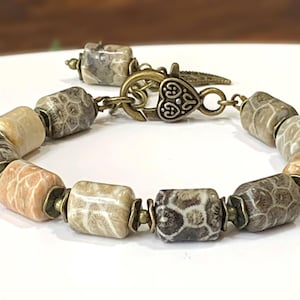 Natural Fossil Coral Bracelet - Fossil Coral Bracelet, Large Column 10x13mm Fossil Coral Bead Bracelet, Gift for Her, Gift for Him