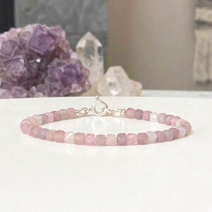 Dainty Rose Quartz Bracelet: 925 Sterling Silver, 4mm Cube Beads