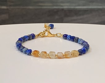 Natural Lapis Lazuli & Citrine Gemstone Bracelet - 5mm Cube Natural Gemstone Beads, 24K Gold-Plated Accents, Ukraine Colors, Dainty Bracelet