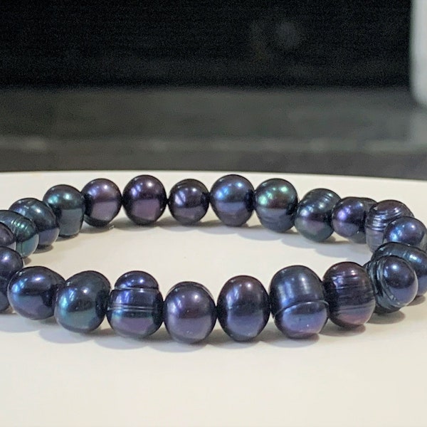 Natural Black Pearl Stretch Bracelet for Men Pearl Bracelet for Women Color-Enhanced Black Cultured Pearls
