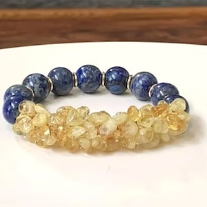 Natural Lapis Lazuli & Citrine Bracelet, Premium Grade AA+ Milky White/Yellow Brazilian Citrine Stones, Stretch Bracelet, Statement Bracelet