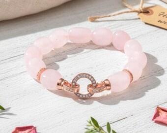 Madagascar Rose Quartz Bracelet: Rose Gold Color Heart Lock, Stretch Gemstone Jewelry