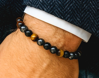 Pulsera para hombre - Piedras preciosas de triple protección: ojo de tigre, hematita y obsidiana - Conexión a tierra, protección, calidad AA+