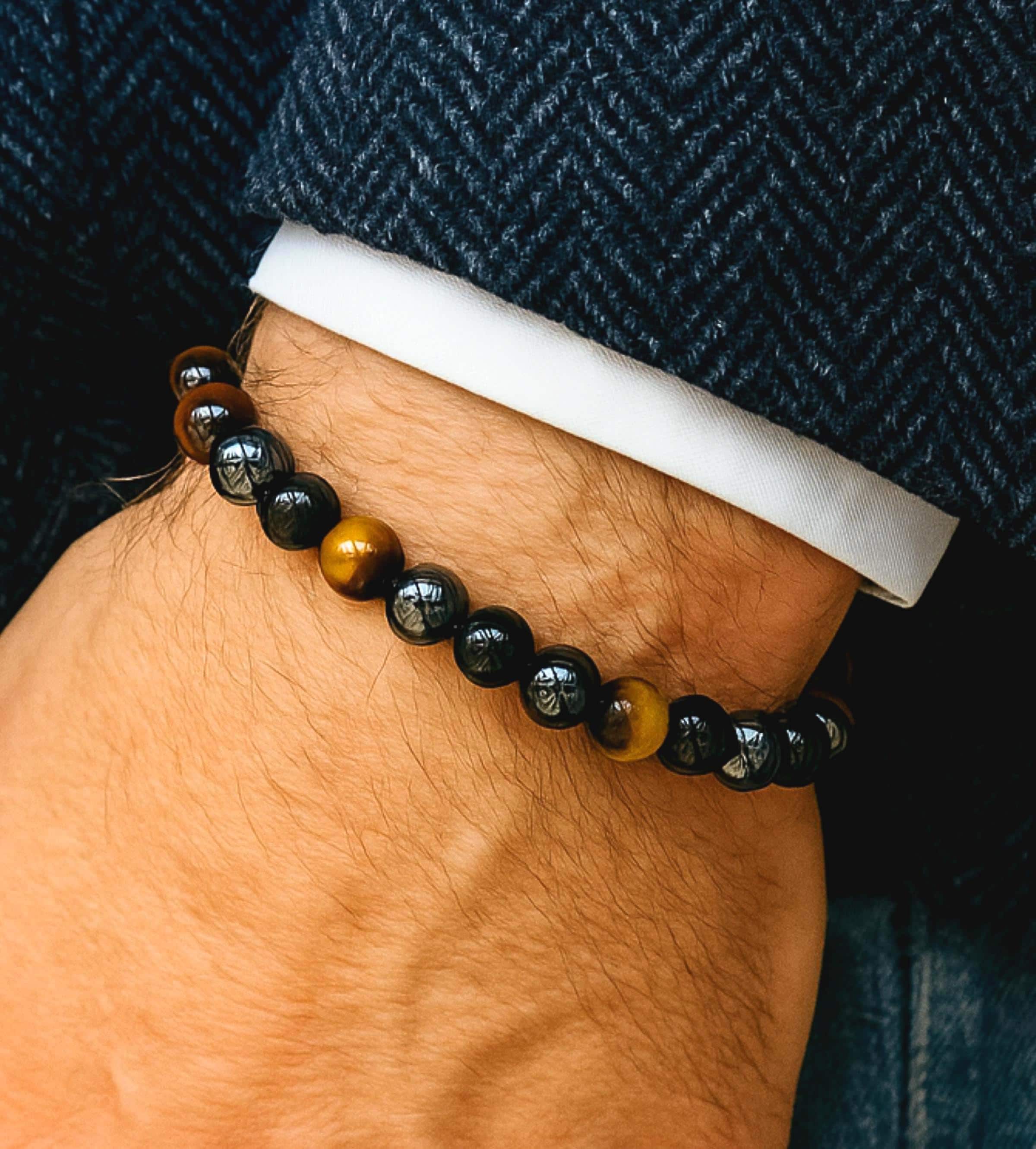 HIUS Men's Leather Bracelet With Tiger Eye Beads - Braided Wristband With Magnetic Clasp - View #12