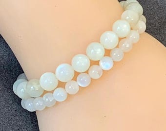 Natural Moonstone Bracelet - Crystal Beaded Stretch Bracelet - Minimalist Boho Style Jewelry - June Birthstone
