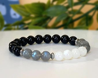 AAA Gemstone Bracelet: Labradorite, Moonstone & Black Tourmaline - Stretch Bracelet