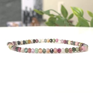 Dainty Rainbow Tourmaline Bracelet - October Birthstone, Tiny 3.5mm Faceted Gemstone Stretch Bracelet