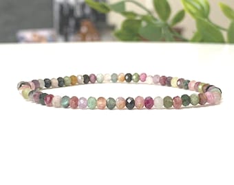 Dainty Rainbow Tourmaline Bracelet - October Birthstone, Tiny 3.5mm Faceted Gemstone Stretch Bracelet